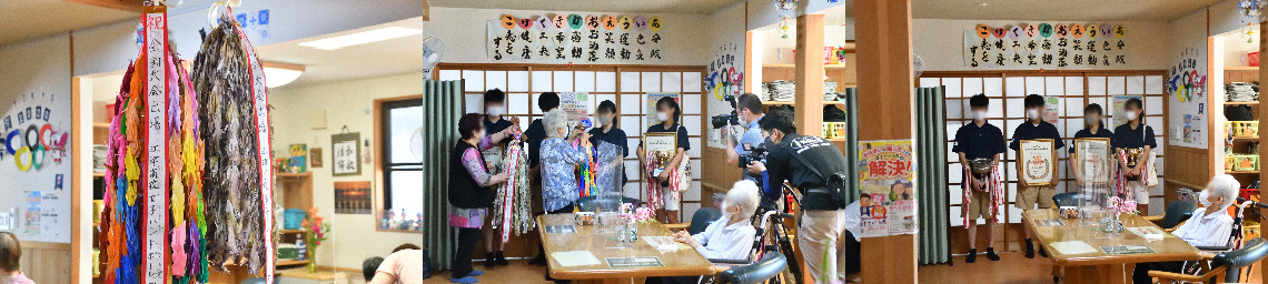 江津高校ハンドボール部の生徒さんに、デイサービスの75～100歳の利用者様が一生懸命に折った千羽鶴を、全国大会での活躍を祈って寄贈させていただきました。 よろこぼう屋